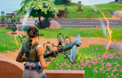Rust combat ESP and aimbot overlay during an open-field fight on PC